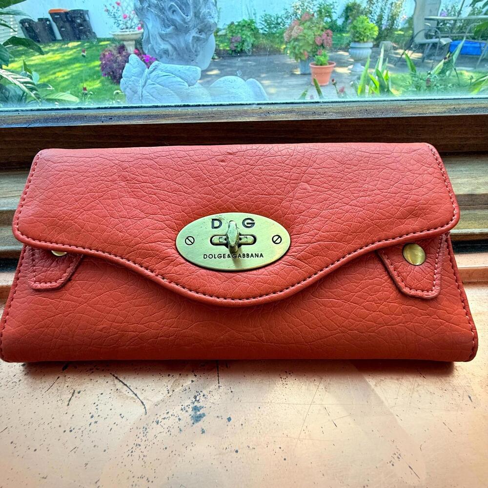 Imitation DOLCE & GABBANA  Tri-Fold Orange Leather Wallet 8" x 4" Very Good Cond